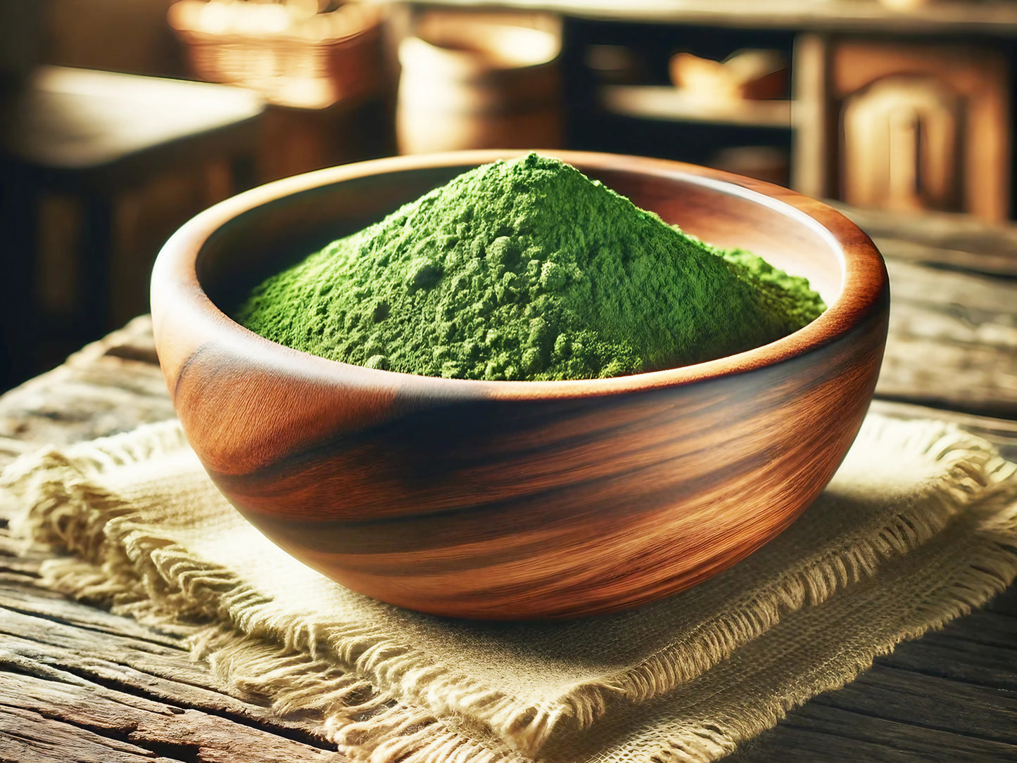 A wooden bowl filled with green Schabzigerklee powder, also known as blue fenugreek, on a rustic wooden table