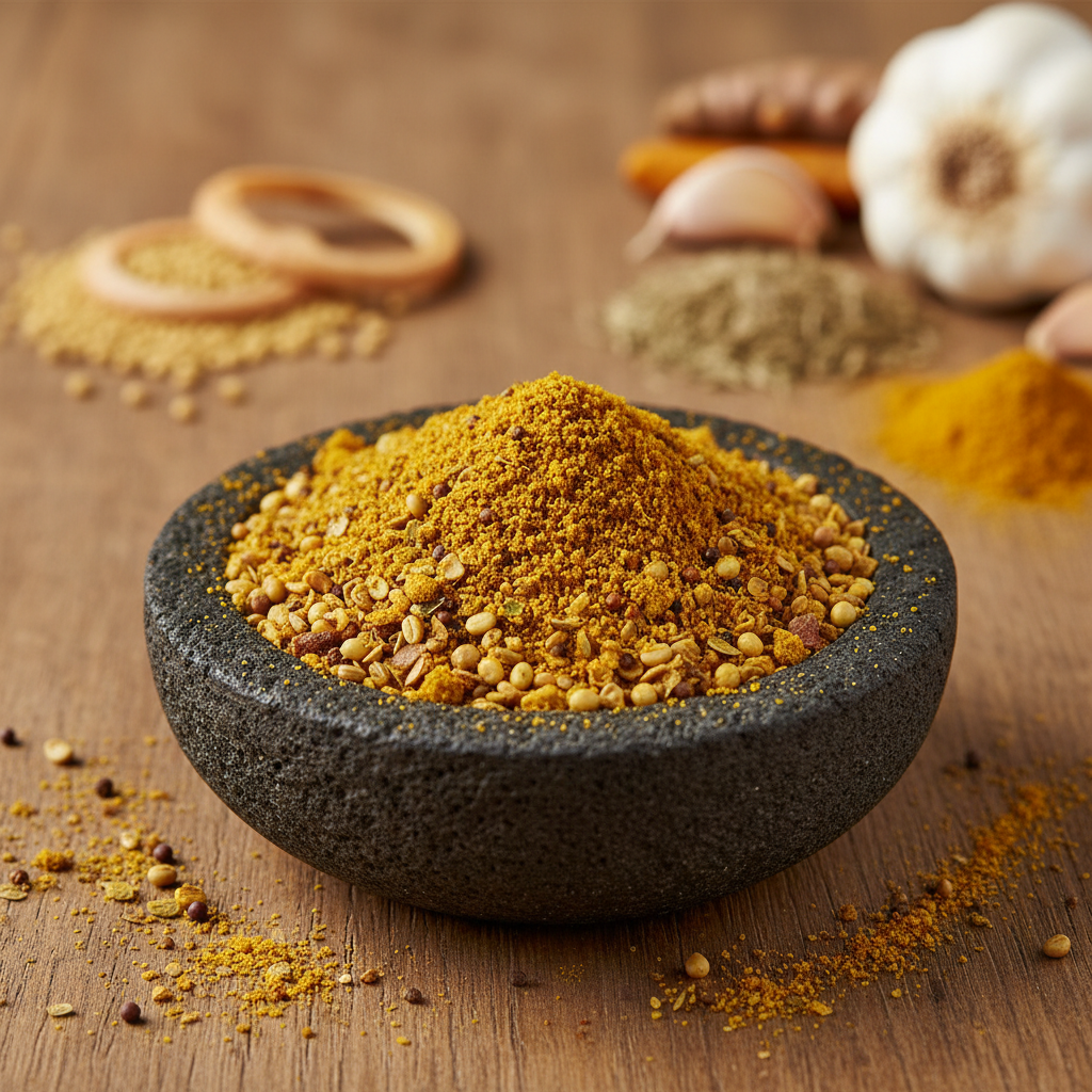 Vadouvan Curry Gewürzmischung in dunkler Steinschale mit Zutaten