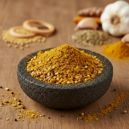 Vadouvan Curry Gewürzmischung in dunkler Steinschale mit Zutaten