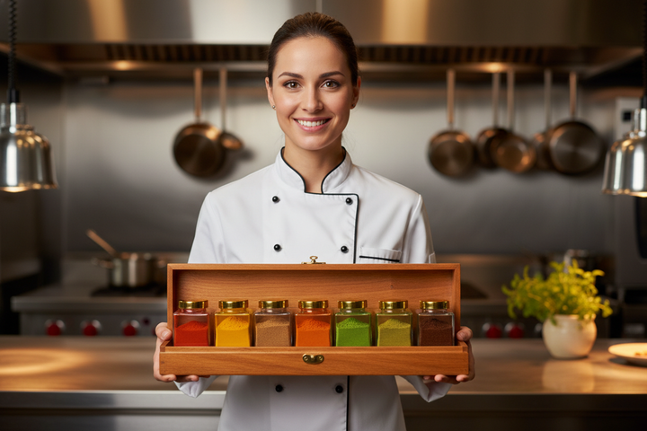 Eine Köchin die lächelnd in die Kamera guckt mit 6 neuen Gewürzen in einer Holz Box, alle Gewürze sind nebeneinander genauu gleich angeordnet.