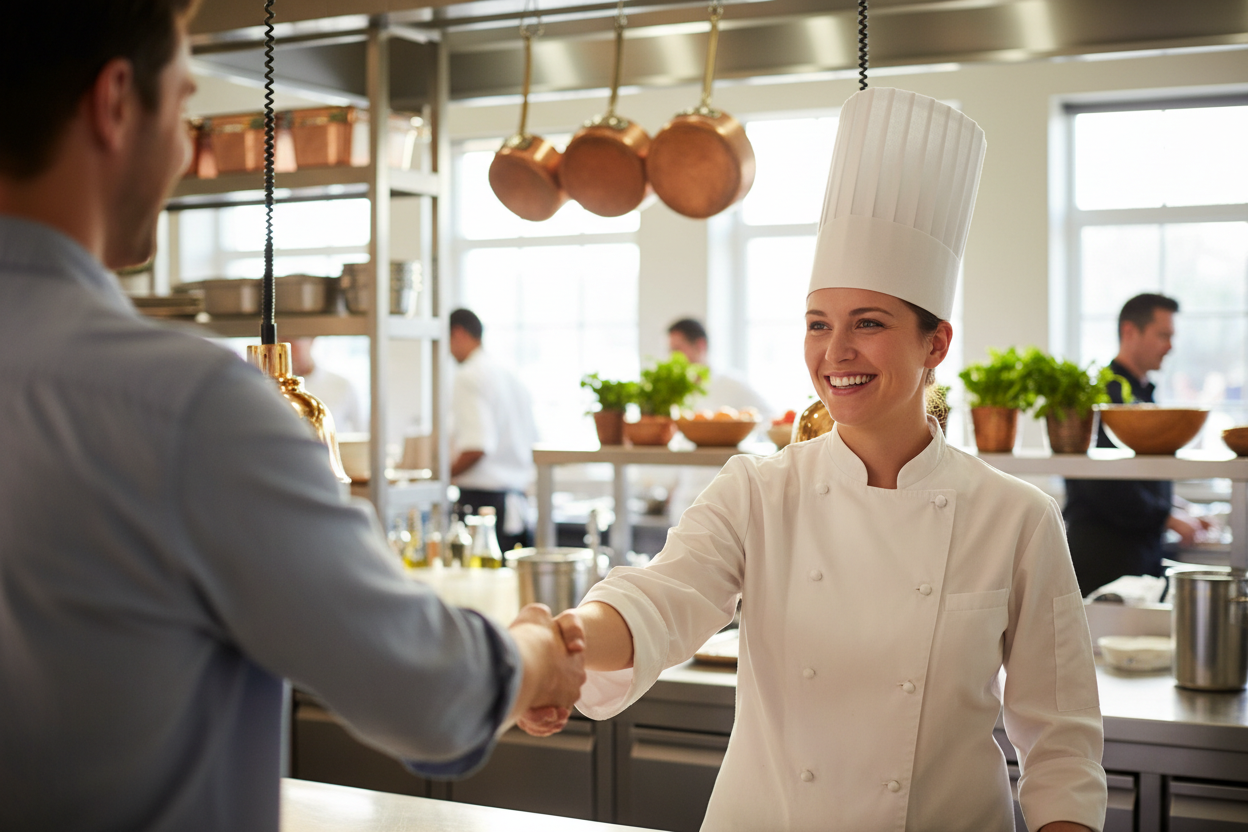 Eine lächelnde Köchin gibt einem Kunden der mit dem Rücken zur kamera steht die Hand