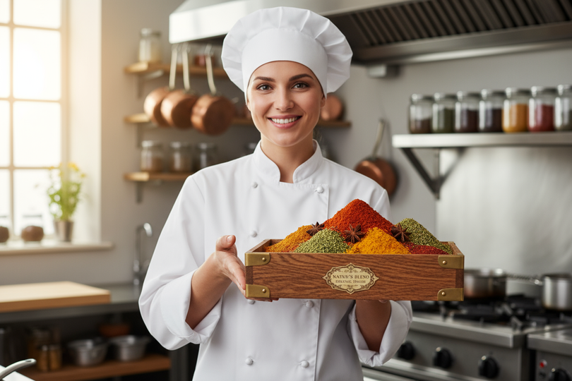 Eine lächelnde Köchin stellt ein neues Bio Gewürz in einer Holzbox vor