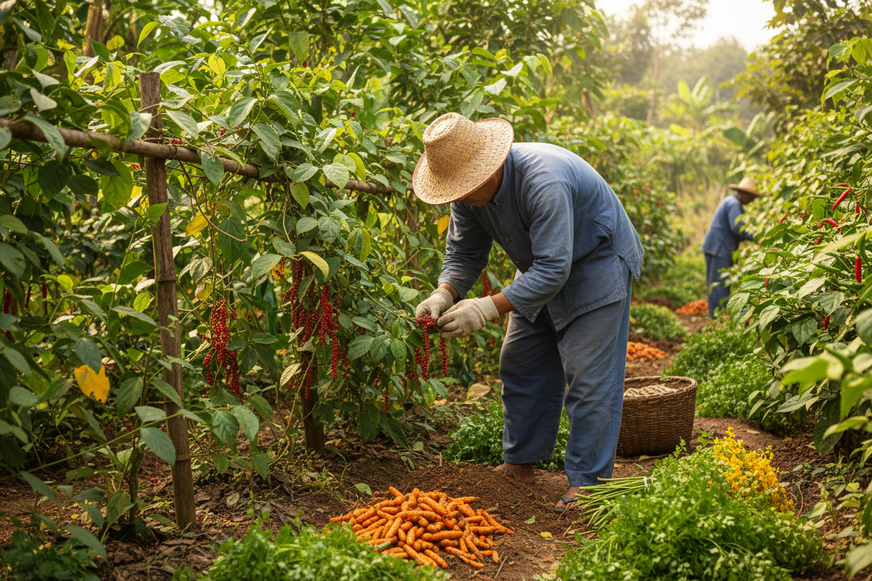 farmer ernte von gewürzen.