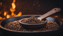 whole black pepper in a spice mortar